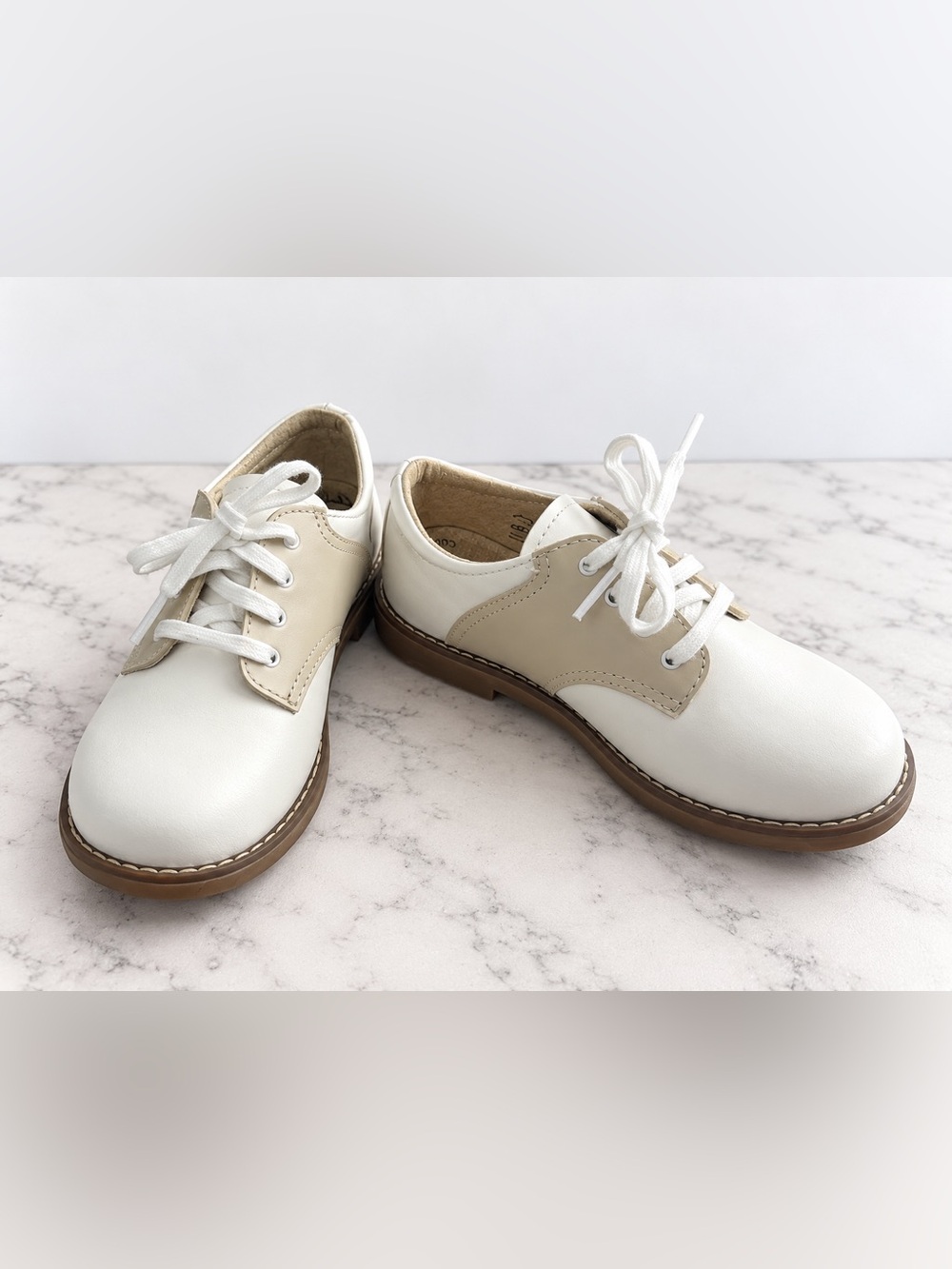 Kids White and Beige Lace-Up Dress Shoes